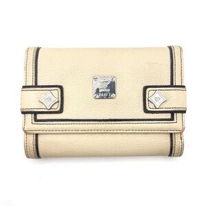 Authentic MCM Cream Trifold Leather Wallet Silver Tone